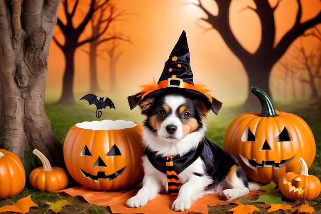 Photo cute dog in halloween costume with pumpkins and bats on autumn background