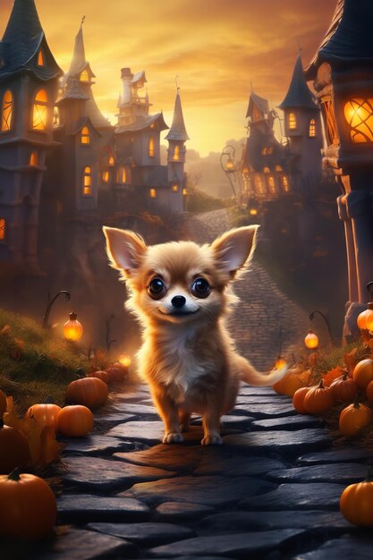 Cute dog at halloween scene haunted mansion and carved pumpkins