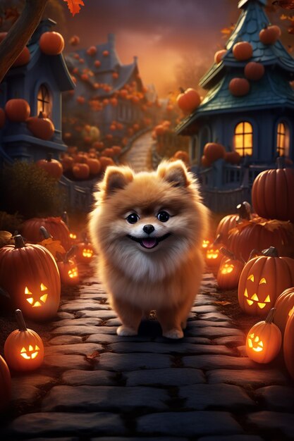 cute dog at halloween scene haunted mansion and carved pumpkins