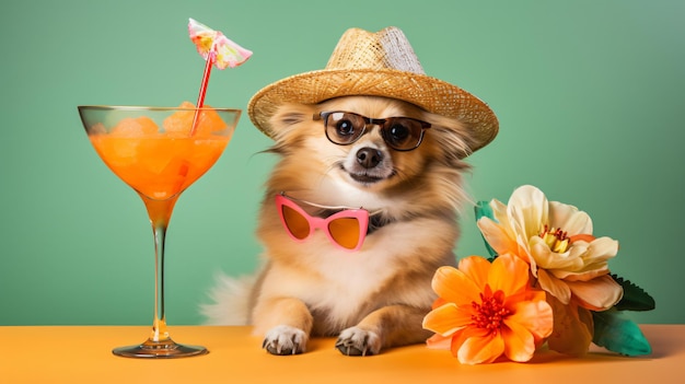 Cute dog in hat with cocktail