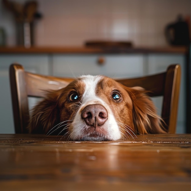 Photo cute dog head begging for food at kitchen table hungry eyes of pet dog portrait