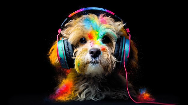 Cute Dog in headphones Dog leastening music Generative AI