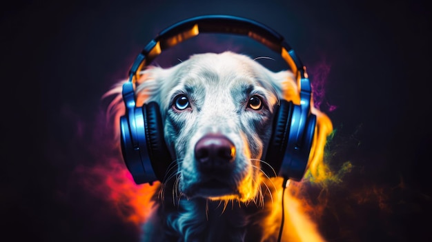 Cute Dog in headphones Dog leastening music Generative AI