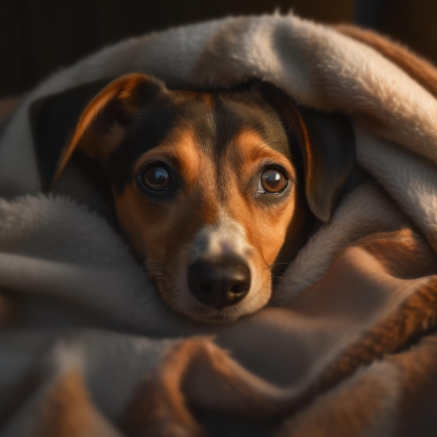 Фото Милая собака прячется, завернувшись в одеяло