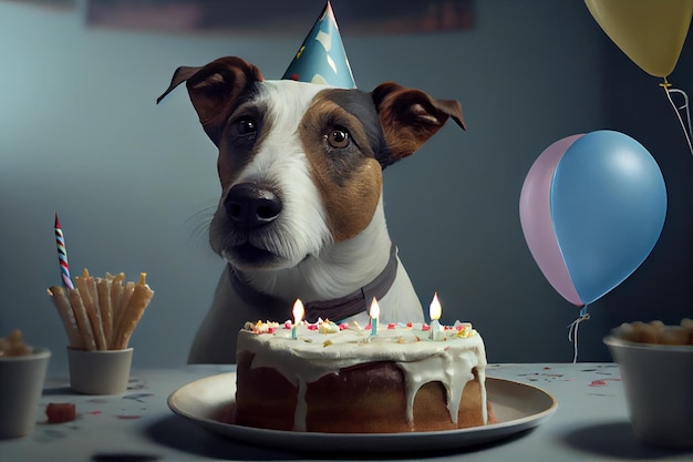 Cute dog in his birthday party with a cake Generative AI