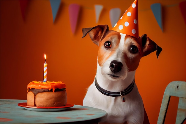 Cute dog in his birthday party with a cake Generative AI