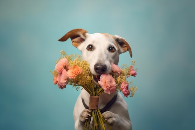 Cute dog holding flowers Generative AI