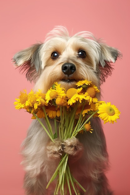 Cute dog holding flowers Generative AI