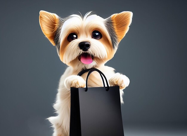 Foto cane carino che tiene una borsa della spesa su sfondo scuro venerdì nero