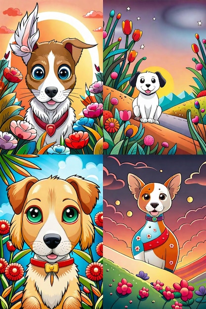 Cute Dog illustration colouring book for kids