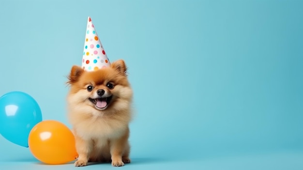 写真 誕生日の帽子をかぶったかわいい犬