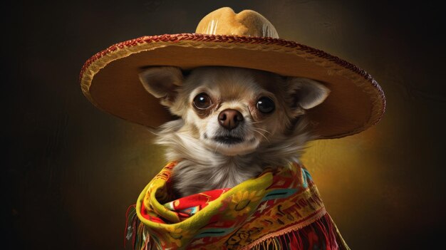 Фото Милая собака в мексиканской шляпе на темном фоне