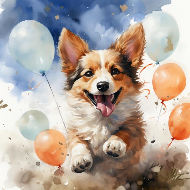 Photo cute dog is flying on blue balloons watercolor illustration