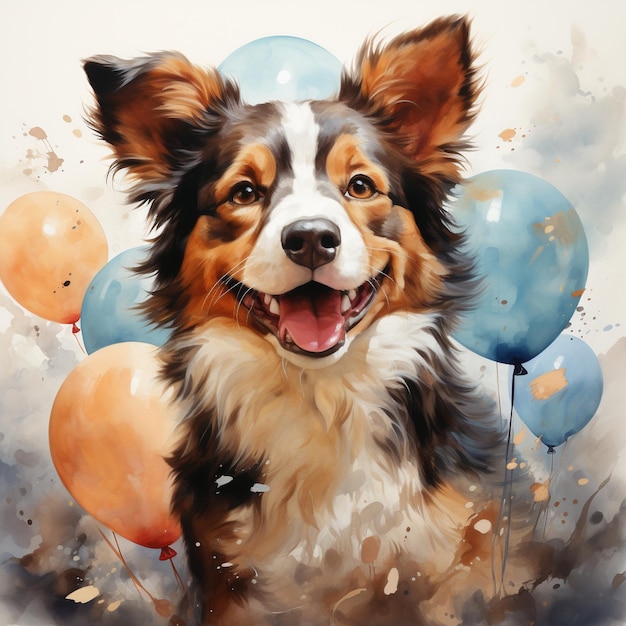 Cute dog is flying on blue balloons watercolor illustration