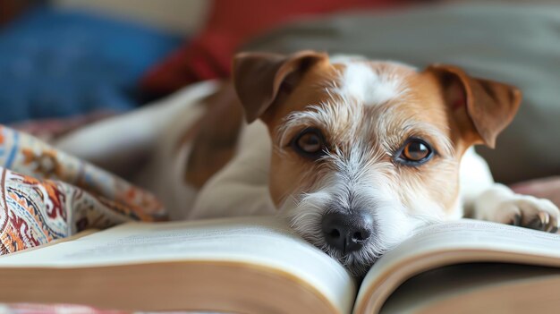 Photo a cute dog is lying on a bed and looking at the camera the dog has a book open in front of him the dog is very interested in the book