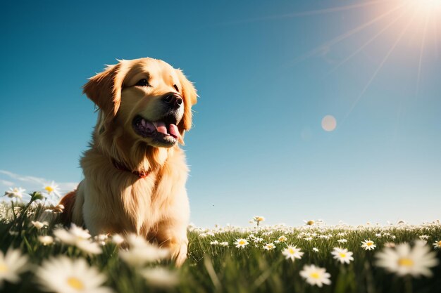 The cute dog is lying on the grass playing with flowers golden labrador smart loyal large dog