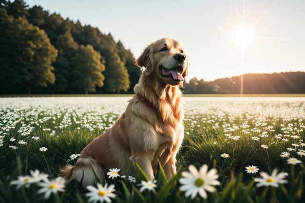 The cute dog is lying on the grass playing with flowers golden labrador smart loyal large dog