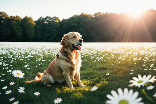 The cute dog is lying on the grass playing with flowers golden labrador smart loyal large dog