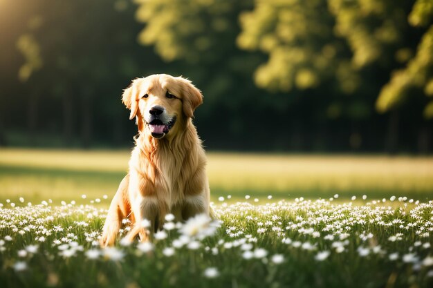 The cute dog is lying on the grass playing with flowers golden labrador smart loyal large dog