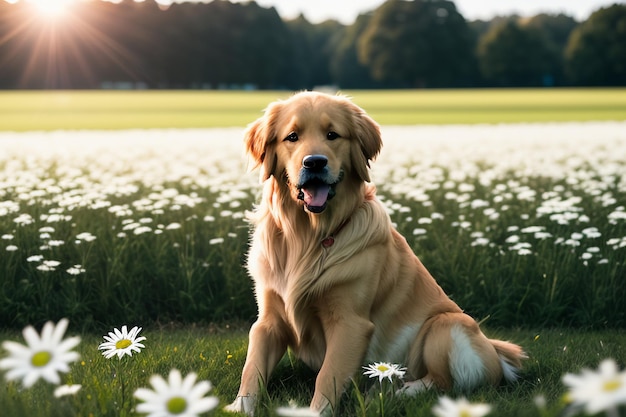 The cute dog is lying on the grass playing with flowers golden labrador smart loyal large dog