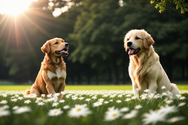 The cute dog is lying on the grass playing with flowers golden labrador smart loyal large dog