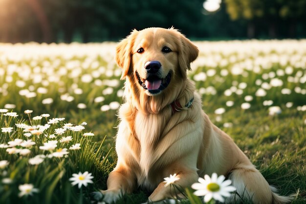The cute dog is lying on the grass playing with flowers golden labrador smart loyal large dog