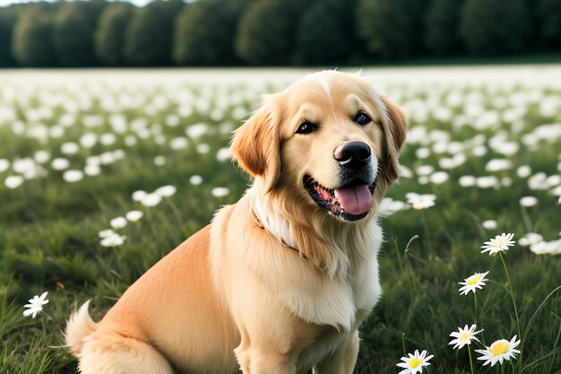 The cute dog is lying on the grass playing with flowers golden labrador smart loyal large dog