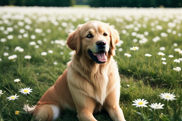 The cute dog is lying on the grass playing with flowers golden labrador smart loyal large dog