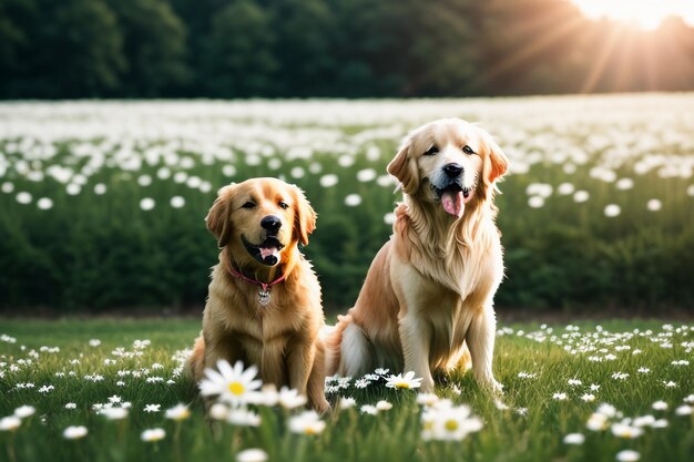 The cute dog is lying on the grass playing with flowers golden labrador smart loyal large dog