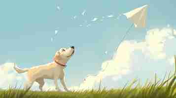 Photo a cute dog is running in a field of green grass the dog is chasing a white kite that is flying in the blue sky