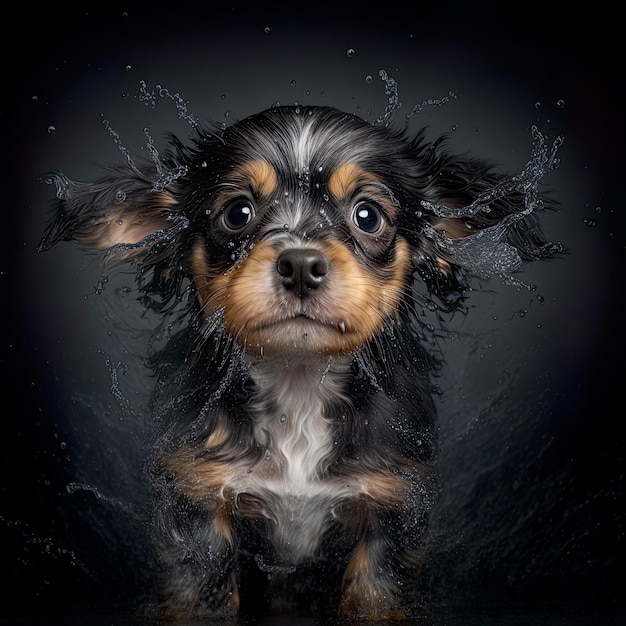 A cute dog is running on the wet floor There is water splashing Generative Ai