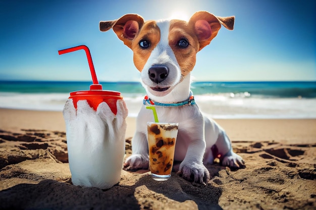 Cute dog jack russell terrier enjoying on the beach with a coconut drink generate ai