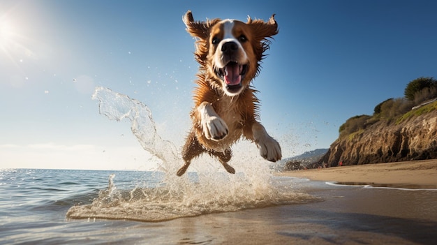 Милая собака прыгает на океане, на пляже. Искусство, созданное ИИ.