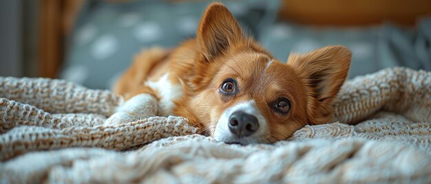 A cute dog lays on the bed and rests