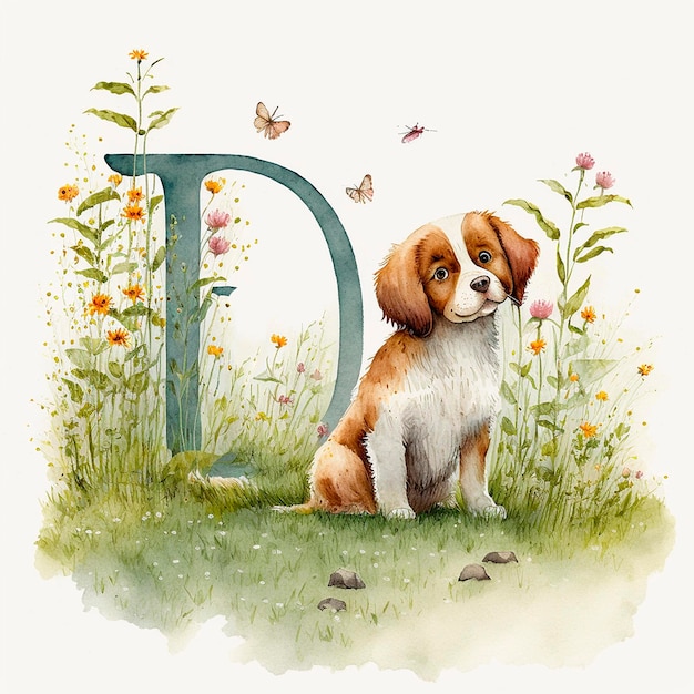Милая собака и буква D Исследование природы и изучение алфавита акварельные иллюстрации для детей ABC