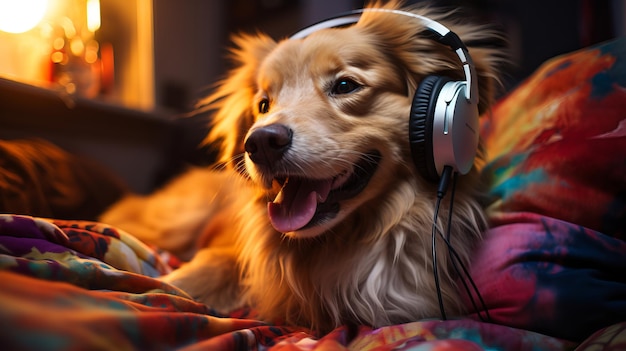 Cute dog listens to music with headphones