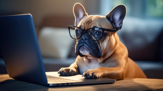 Cute dog looking at laptop