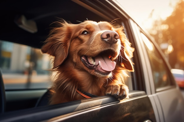 車の窓から外を眺めるかわいい犬 AI 生成