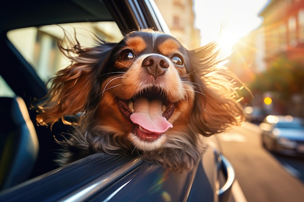 Cute dog looking out of car window AI Generated