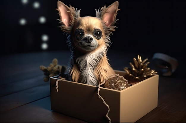 Cute dog looking out from gift box Pet as present Generative AI