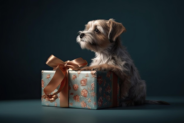 Cute dog looking out from gift box Pet as present Generative AI