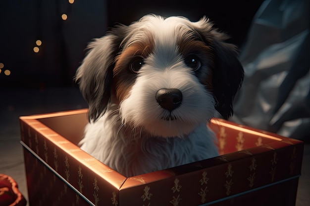 Cute dog looking out from gift box Pet as present Generative AI