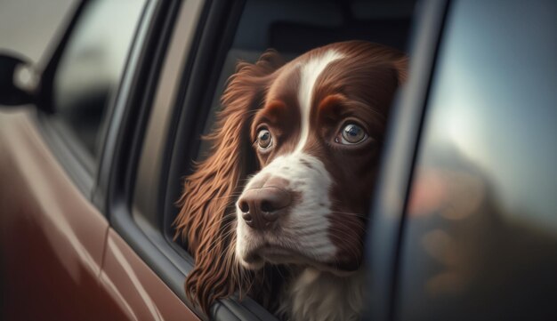 자동차 창밖을 내다보는 귀여운 강아지 Generative AI