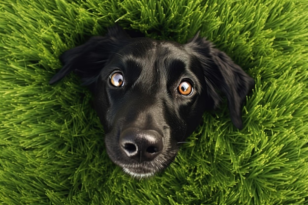 Cute dog lying down on the green grass Generative AI