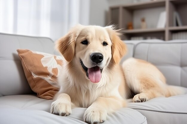 Cute dog lying on sofa at home closeup Friendly pet