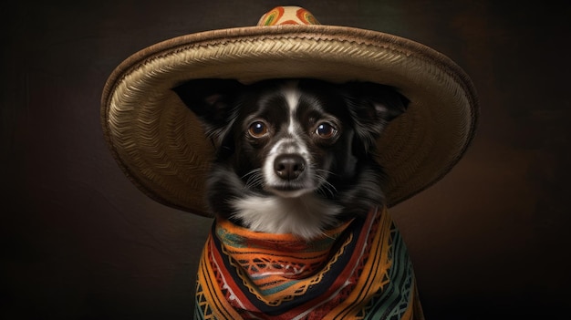 Photo cute dog in mexican hat on dark background