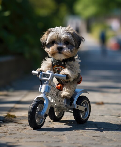 a cute dog on a mini bike on a city park road