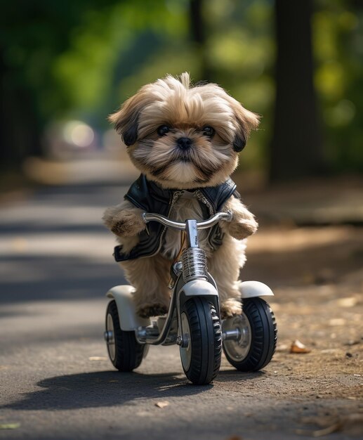 a cute dog on a mini bike on a city park road