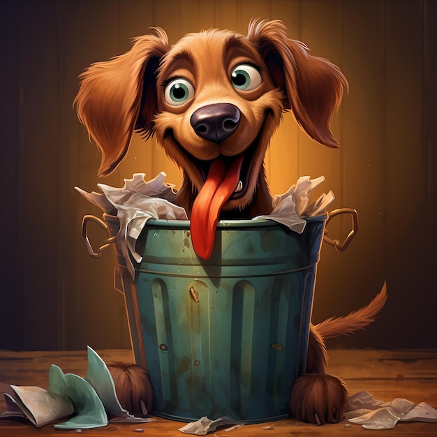 Photo cute dog out of a trash can