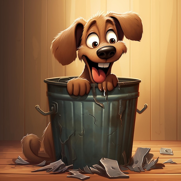 Photo cute dog out of a trash can